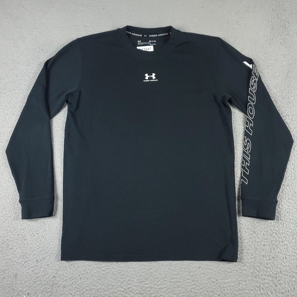 Under Armour T Shirt Mens Small Black Pullover Long Sleeve HeatGear Logo Graphic